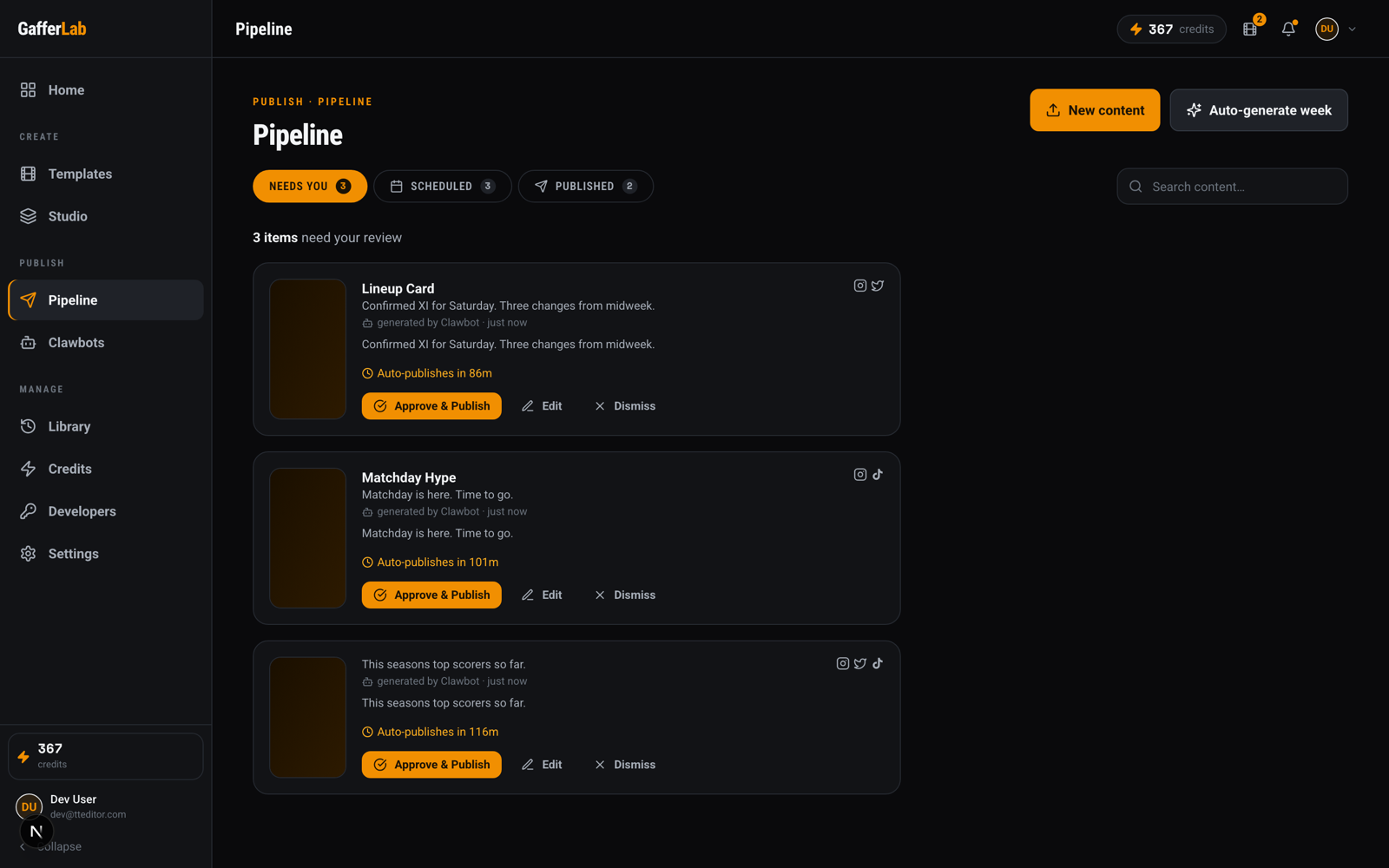 GafferLab publish pipeline showing posts awaiting approval with auto-publish timers and platform targets