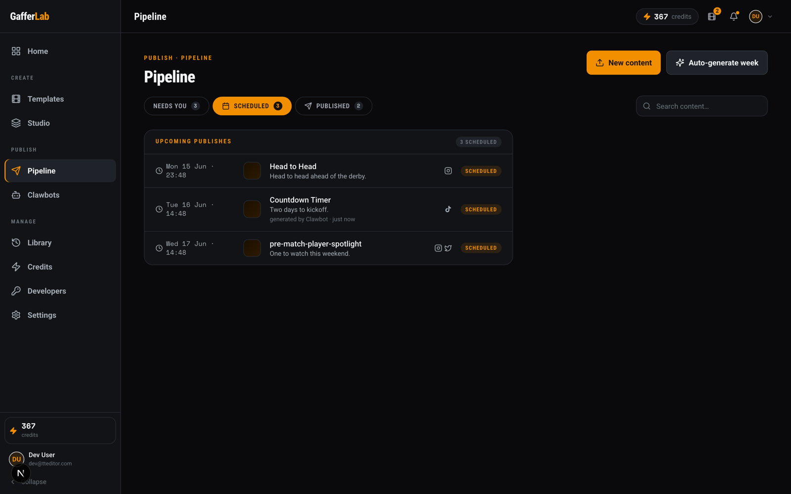 GafferLab content schedule showing upcoming posts across Instagram, TikTok, and X